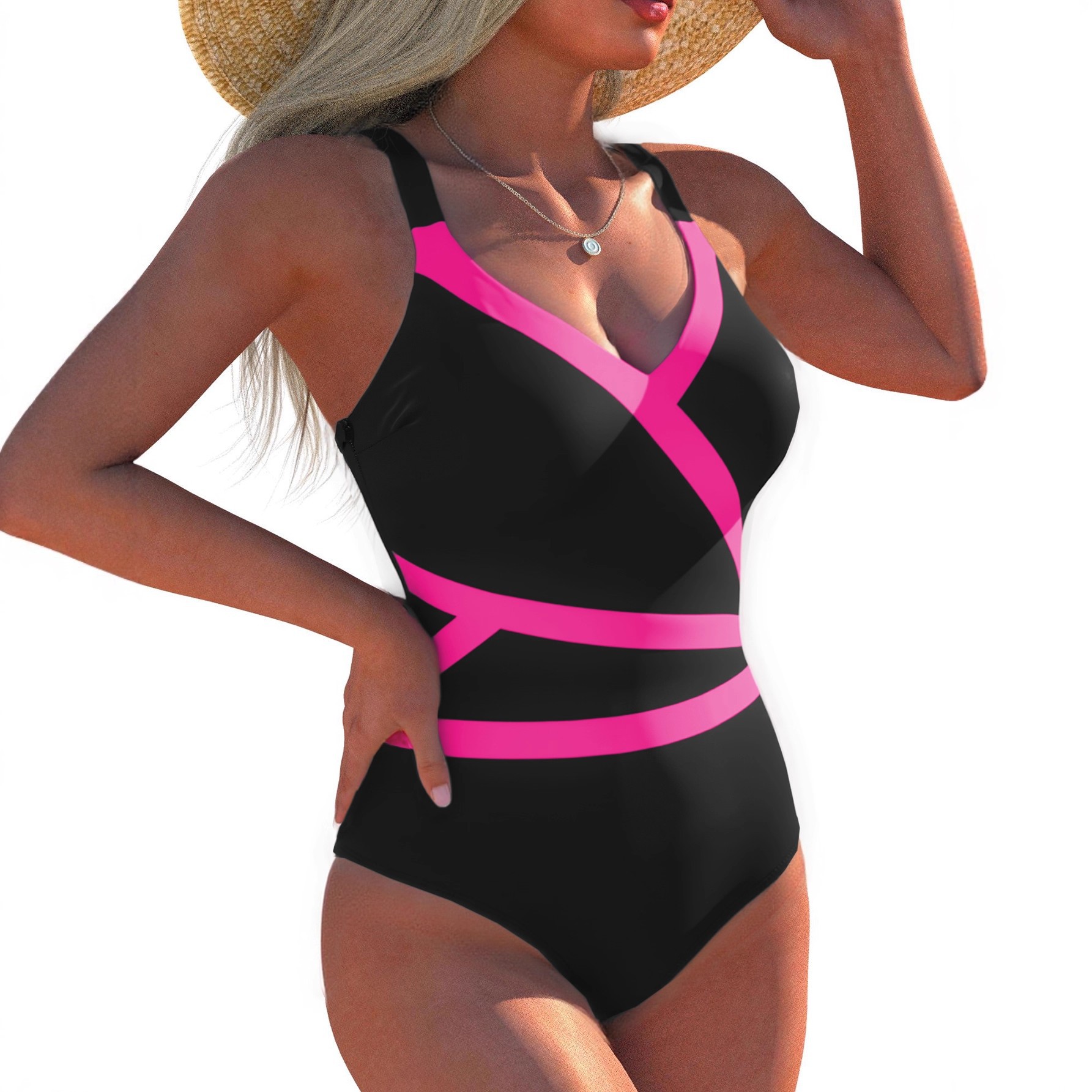 跨境欧美紧身性感竞速泳装女高腰显瘦吊带V领女士连体比基尼泳衣