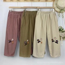 823481日系森女复古贴布灯芯绒直筒休闲裤九分裤可爱秋冬加厚裤子