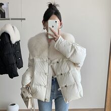 大毛领羽绒棉服女款2025冬年轻款小个子仿狐狸毛绒服皮草外套白色