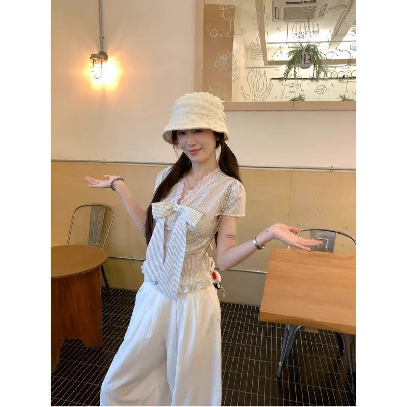 French Bow Lace Stripesd Shirt for Women 2025 Summer New Style High-End Slimming Look Short-Sleeved Top