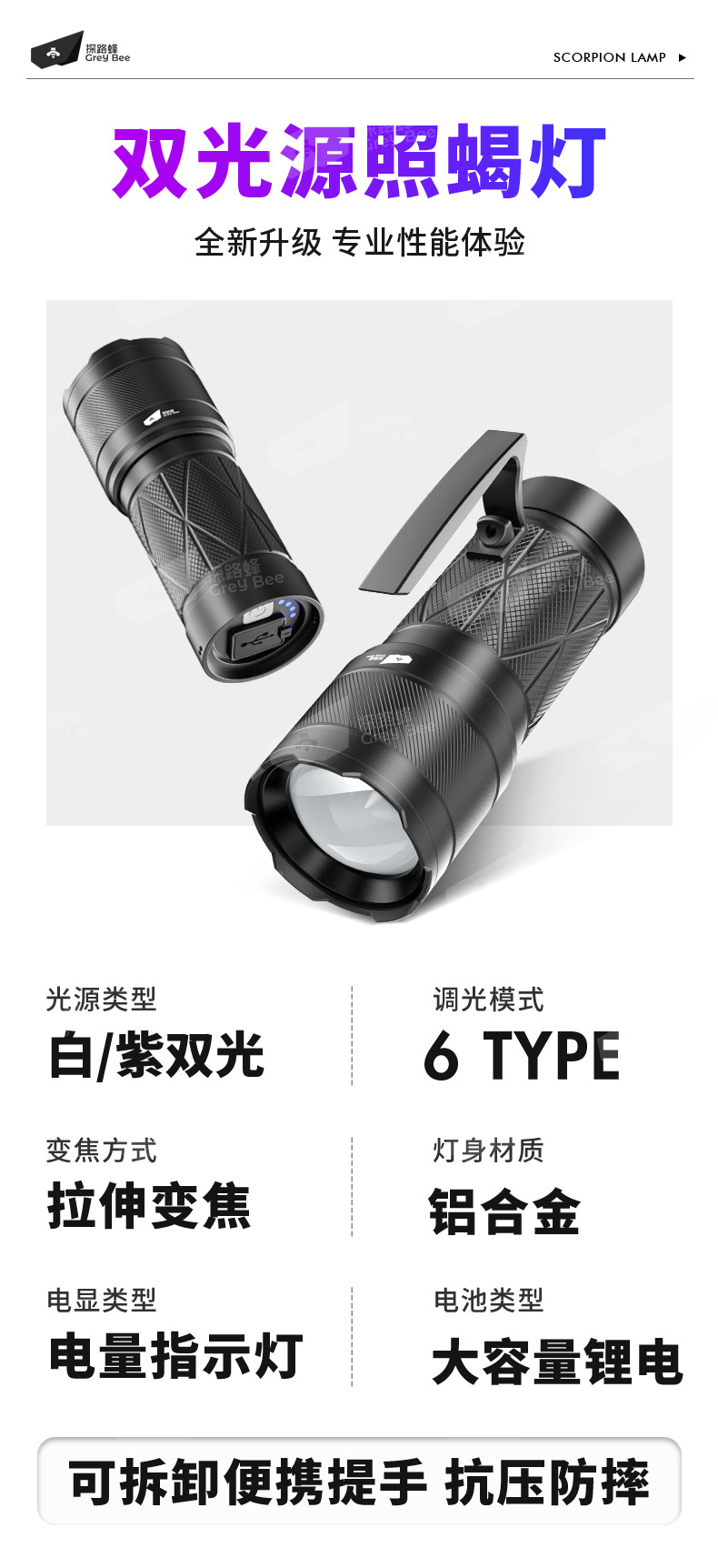 Special Lamp for Scorpions, Multi-Functional Strong Light Flashlight, Rechargeable Outdoor Long-Range Ultra-Bright Purple Light, Long Battery Life