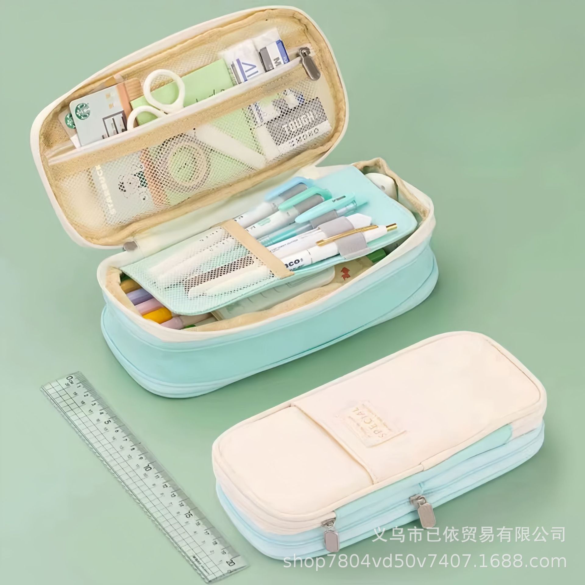Bolsa de bolígrafo de gran capacidad para estudiantes de primaria simple serie de macarón bolsas de bolígrafo de separación multicapa multifuncional caja de papelería de alto valor facial