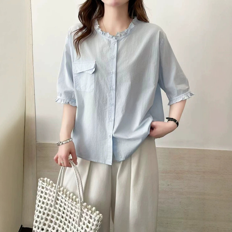 Minimalist Short-Sleeve Shirt 2026 Artistic Korean Style Lace Collar Unique Pocket Slimming Versatile Loose Cardigan Top for Women Minimalist Short-Sleeve Shirt 2026 Artistic Korean Style Lace Collar Unique Pocket Slimming Versatile Loose Cardigan Top for Women