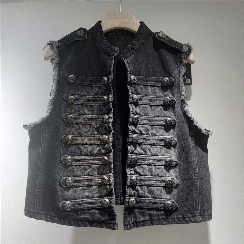 Diseño de estilo de corte estilo de moda suelto delgado de metal de construcción pesada sin mangas de collar chaqueta de mujer
