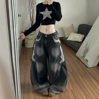 2026潮流百搭阔腿牛仔裤女春秋季潮流豹设计纹拼接宽松显瘦拖地裤