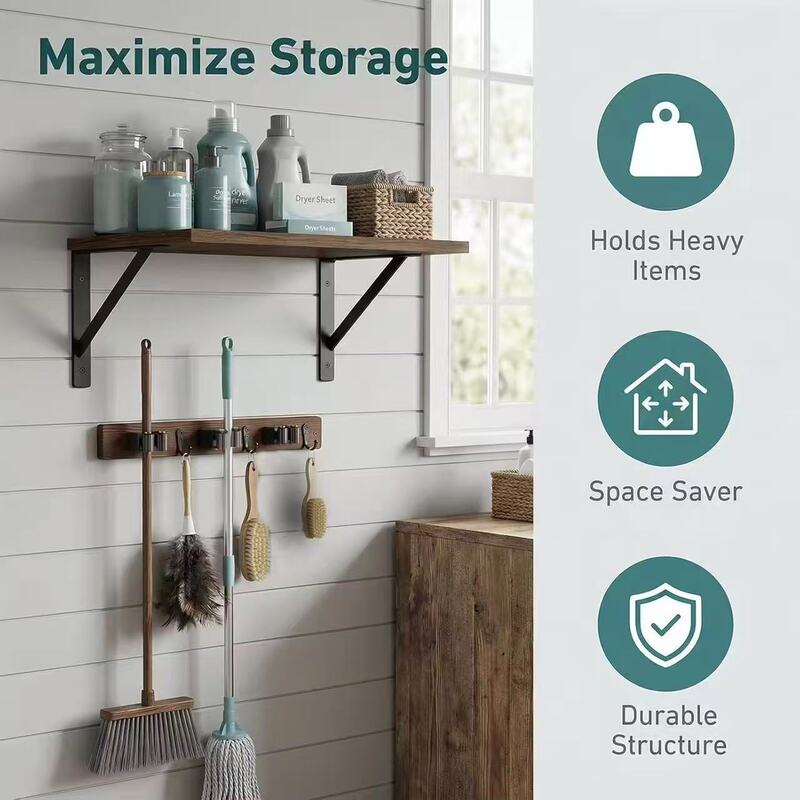 Customized Bathroom Storage Rack, Wooden Wall-Mounted Laundry Room Cleaning Supplies Organizer, Iron and Wood Broom Hanger