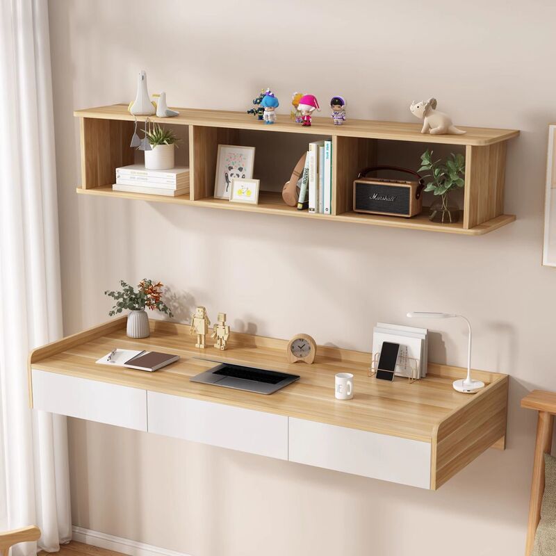 Nordic Style Solid Wood Ecological Board Suspended Bookshelf Computer Desk Bedroom Study Dressing Table Nailed Hanging Table