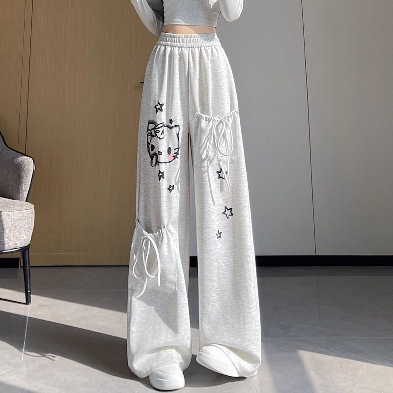 Age-Reducing and Super Stylish Cat Print Wide-Leg Sweatpants for Women, Spring, Summer, and Autumn, Lazy and Relaxed Drape Straight-Leg Sweatpants