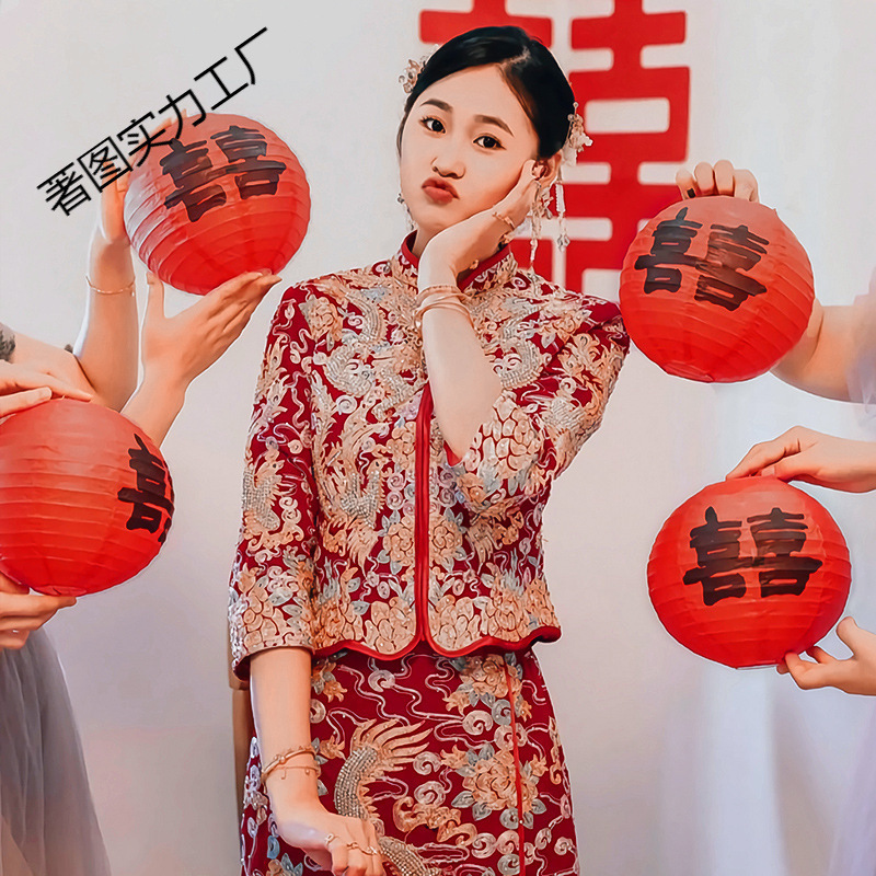 赤いハッピーランタン中国風の結婚式のツリー吊り飾り花嫁の写真の小道具結婚式の部屋の装飾|undefined