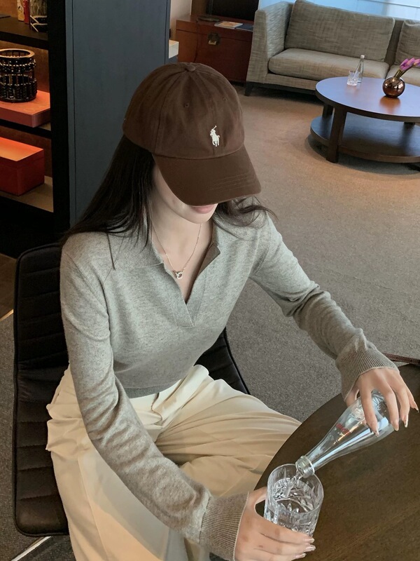 韩系灰色POLO衫正肩长袖针织衫女早秋气质高级感短款修身翻领上衣|undefined