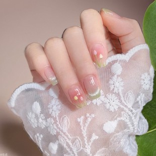 Wearable Handmade Nail Patch Spring and Summer Green French Crystal Cat's Eye Tulip Nail Gentle White Nail Patch