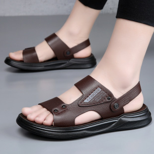 2025 Summer New Genuine Leather Men's Sandals Upholstered Cushion Top Layer Cowhide Beach Shoes Thick Sole Comfortable Two-Wearing Sandals