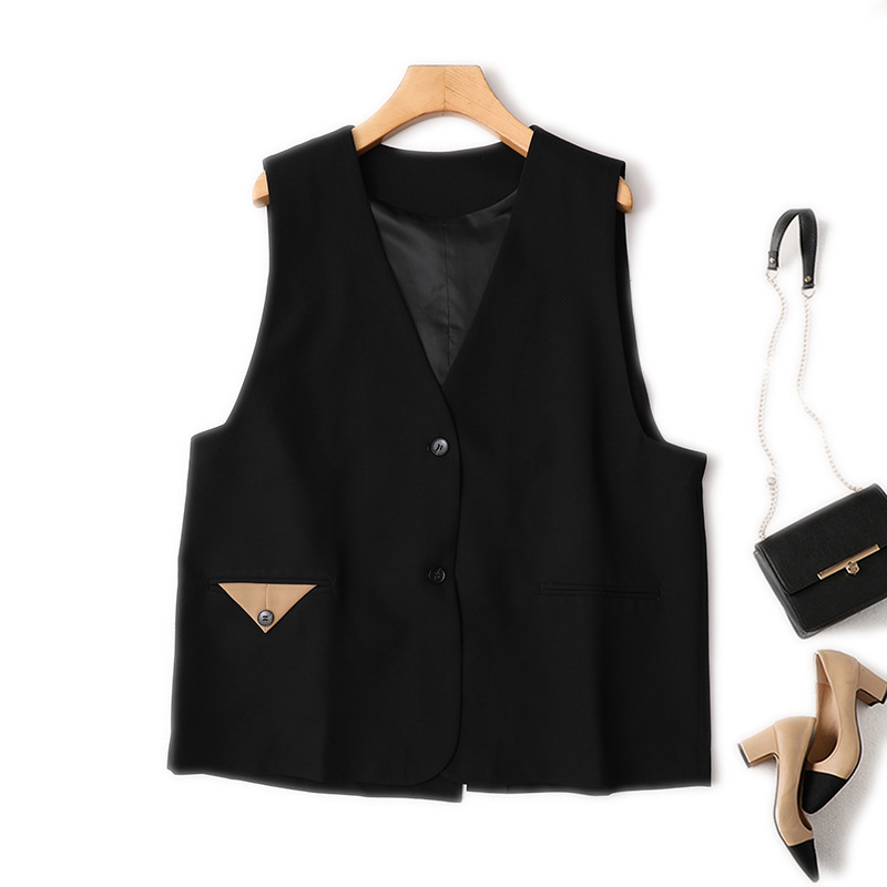 Wholesale autumn and winter V-neck triangle stitching single-breasted loose British simple three-dimensional cut solid color plus size vest