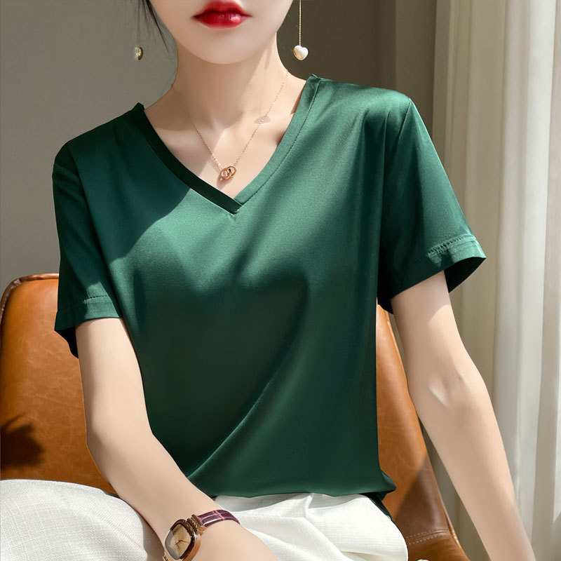 Spring and Summer Women's New Silk Satin Silk Real V-Neck Mulberry Silk Short Loose Top Women's Short-Sleeved T-Shirt Wholesale