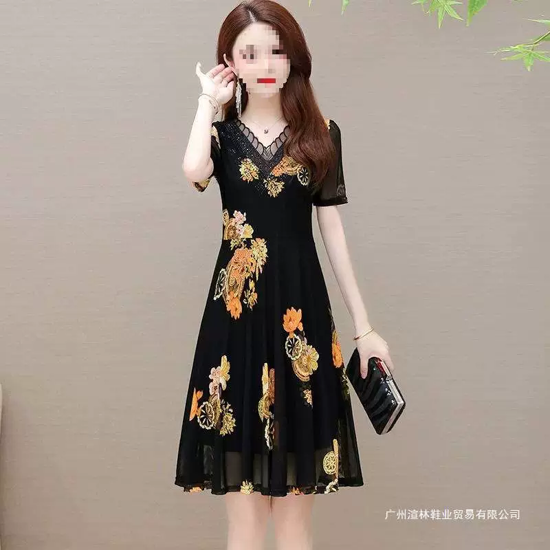 Летнее платье для миниатюрных женщин, стиль мамы, модное шифоновое платье А-силуэта с сетчатым кружевом, для похудения.