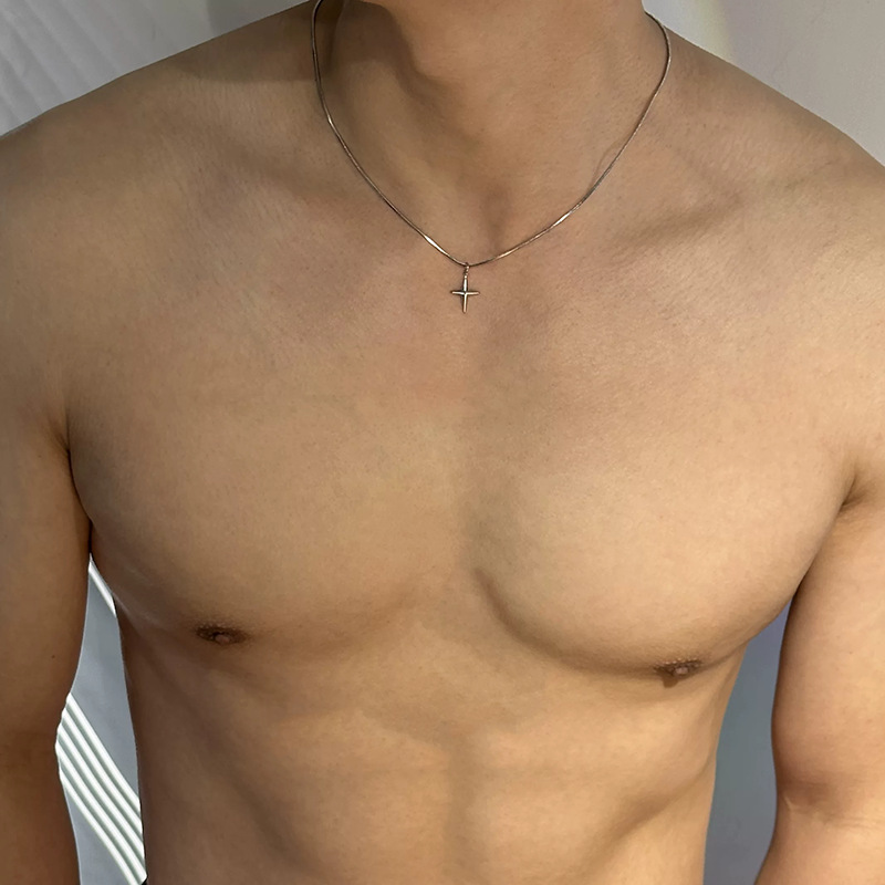 Men's Cross Necklace With Star Pendant And Snake Bone Chain_voghion.com