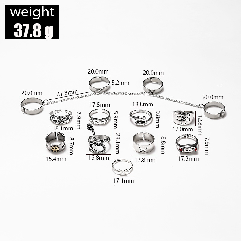 Cross-border New Ring 13-piece Set Bohemian Style Ring Chain Butterfly Frog Snake Ring display picture 1