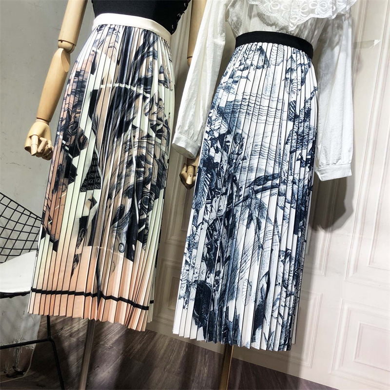 Ink print pleated skirt spring and summe...