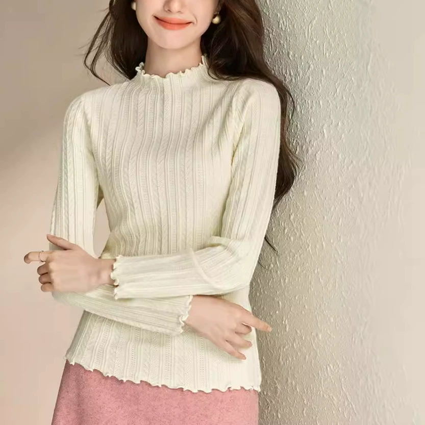 Нижняя рубашка для женщин осенью и зимой, новинка 2023 года, полуводолазка с грибковым краем, трикотаж, тонкий трикотаж со средним воротником и длинными рукавами