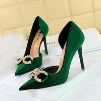 1363-K79 Banquet High Heels Shallow Notched Pointed Thickened Suede Side Cut Pearl Water Diamond Buckle Bow Tie Single Shoe