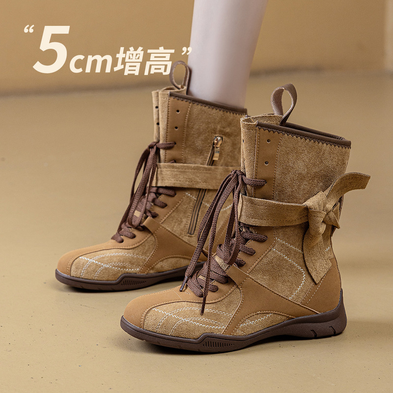 Vintage Versatile Suede Boxing Boots with 5cm Internal Height Increase, Women's Lace-Up Side Zipper Outdoor Hiking Training Martin Boots