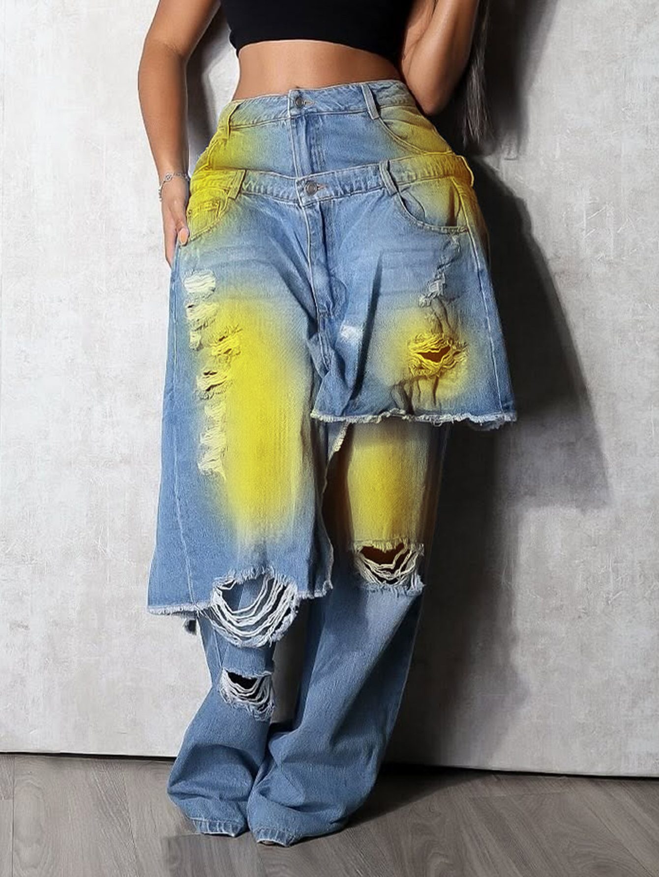 YL2568 Autumn/Winter European And American Women's Fashion Washed Ripped Spray-Dyed Loose Stretch Denim Patchwork_ecoleips.com