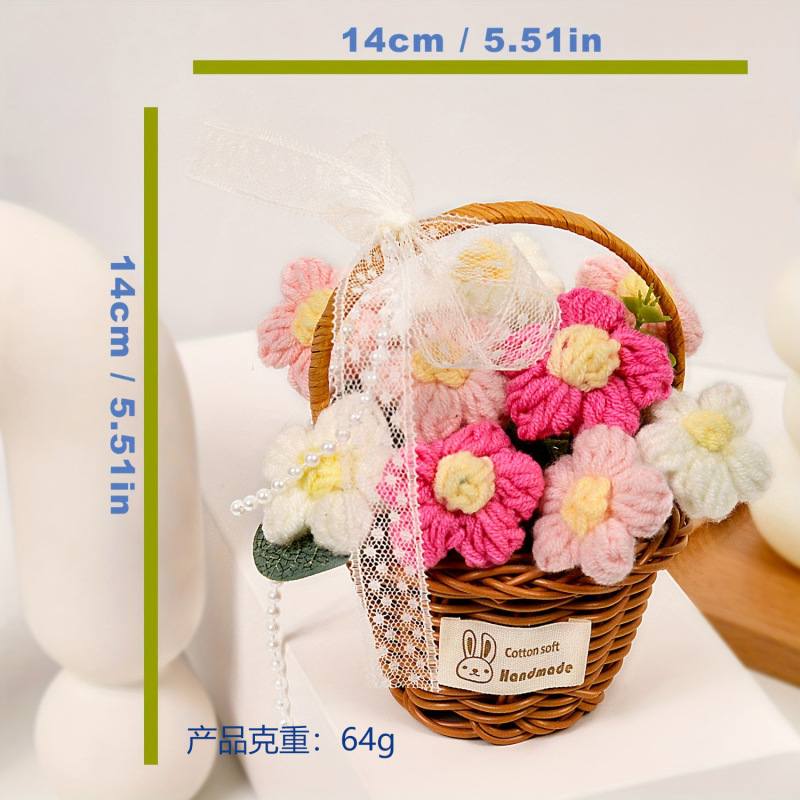 跨境爆款毛线花成品手工针织花泡芙手提篮永生花假花桌面摆件批发|undefined