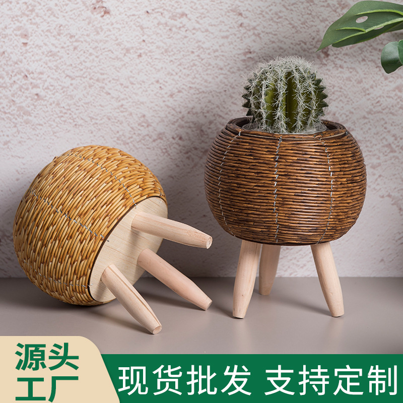 Estilo nórdico ratán creativo maceta soporte de paja cesta de flores sala de estar balcón piso soporte de flores decoración de escritorio