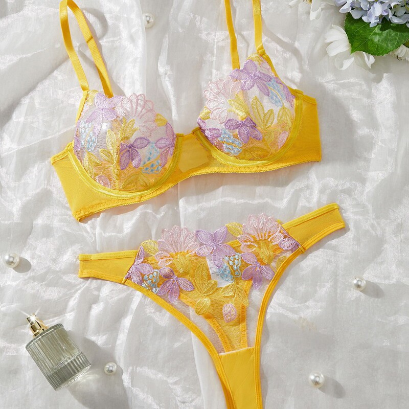 Colorful Floral Bra Set, Ultra-Thin, Non-Padded, Push-Up, Three-Point Style, Hollow-Out Women's Lingerie, Two-Piece Embroidered Set, Sexy