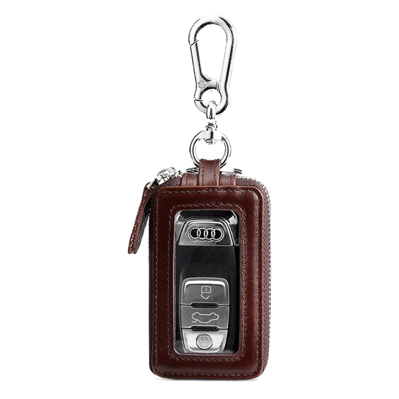 Amazon Genuine Leather Men's Car Key Case Oil Wax Leather Double Layer Zipper Key Case European and American Transparent Key Case