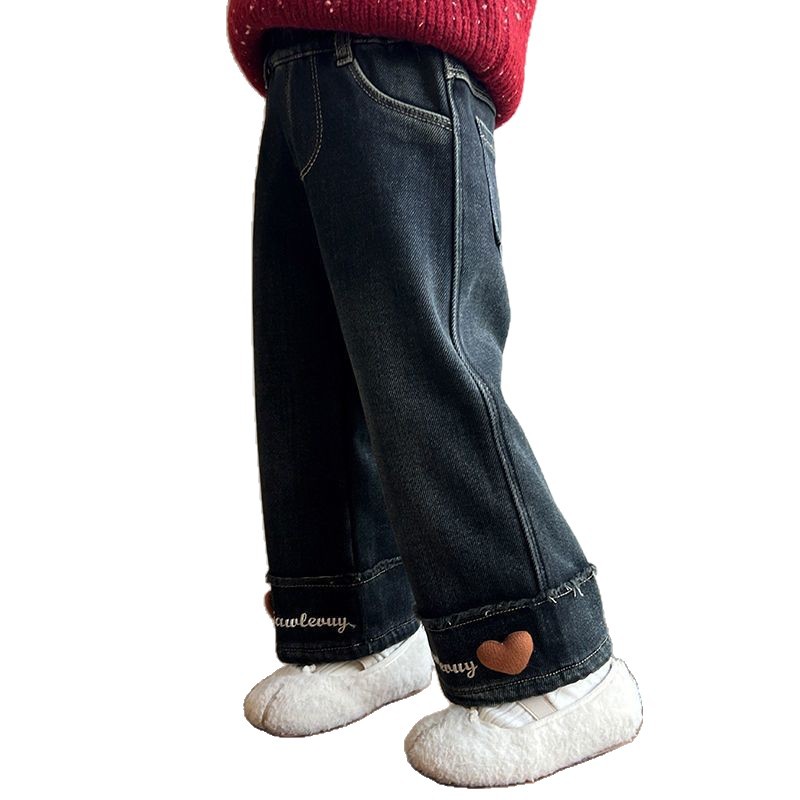 Niñas con jeans de peluche otoño y invierno nuevos pantalones de piernas anchas de estilo extranjero para niños con pantalones casuales rectos
