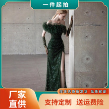 外贸跨境重工墨绿复古敬酒服舞会宴会性感鱼尾开叉新娘晚礼服成人