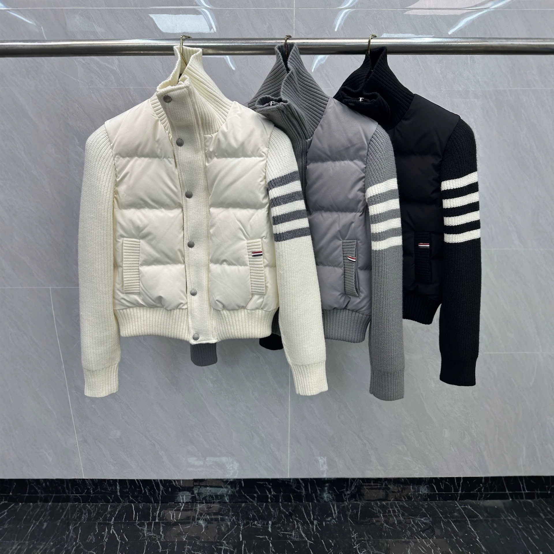工厂直销TB新品学院风四杠羊毛拼接羽绒立领羽绒服加厚白鸭绒时尚