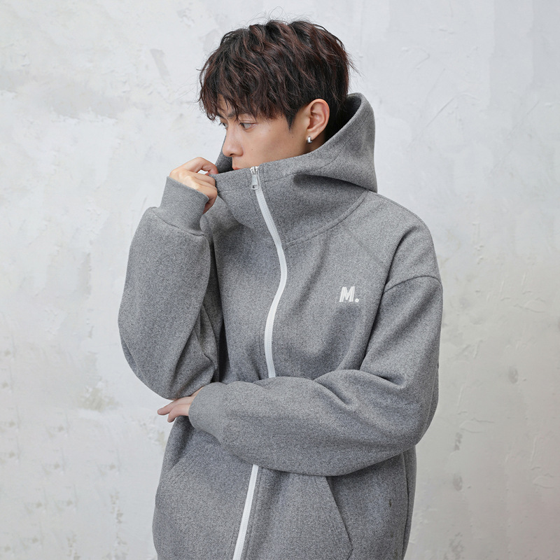 Heavy Woolen Hooded Sweatshirt, Autumn Style, American Retro Color-Blocking Zipper Cardigan Jacket, Thickened Texture Hoodie