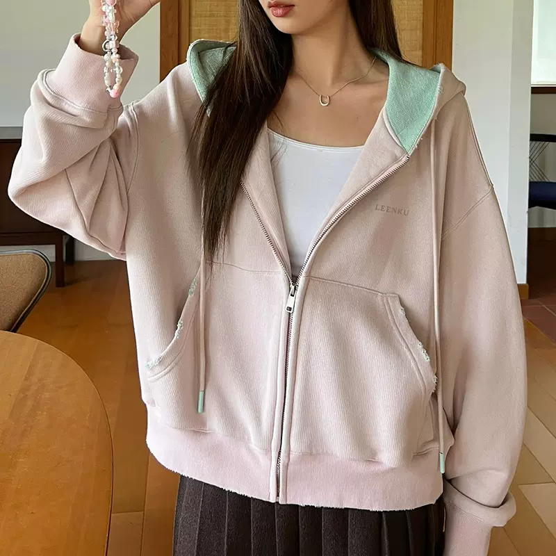 秋季休闲连帽卫衣外套女宽松显瘦2025新款时尚撞色拉链开衫上衣女