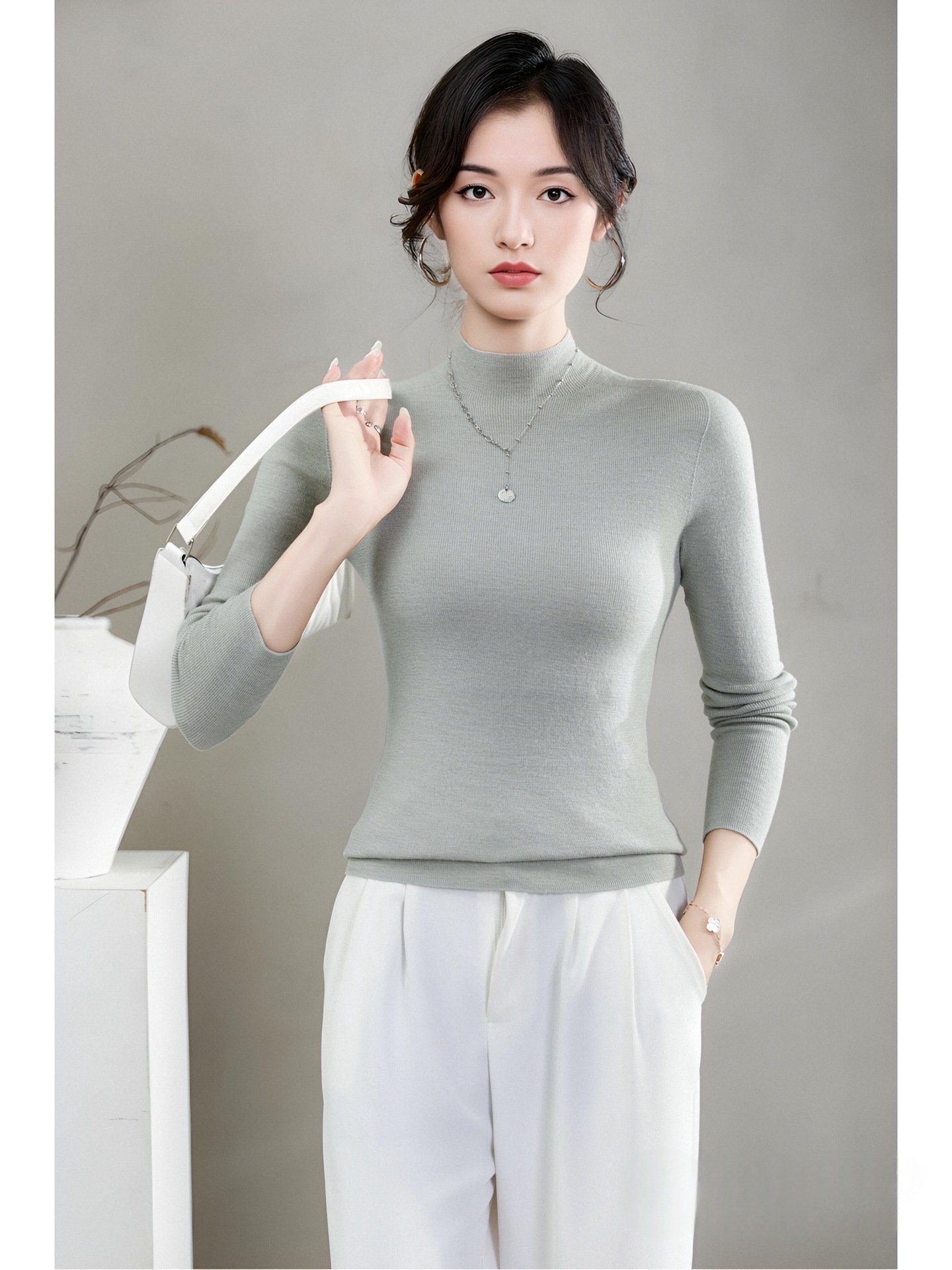揚子糸ワンピース成形シームレスウールセーター女性のセータースリムハーフタートルネック 100% ウールニットボトリングシャツ