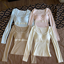 纯欲风蕾丝花边拼接长袖t恤女2025秋季新款修身显瘦内搭打底上衣