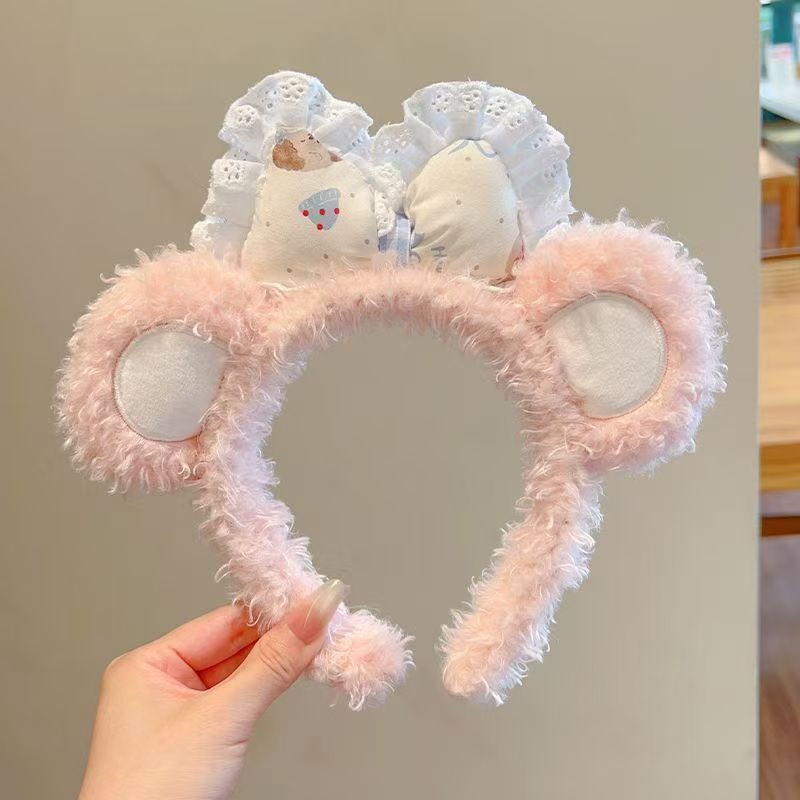 Diadema de felpa con lazo y oso de peluche - Rosa