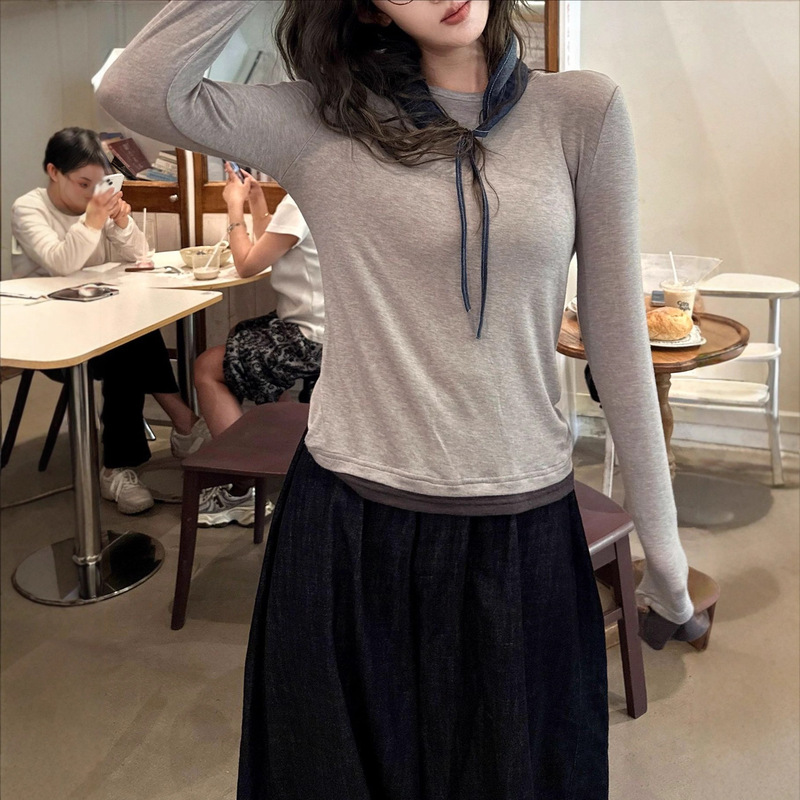 Zoe Anymoe Comfortable Merino Wool Base Layer Contrasting Color Versatile Fake Two-Piece Long-Sleeved T-Shirt Top for Women