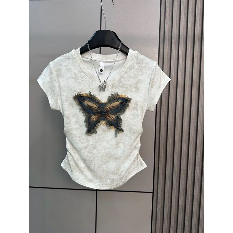 2024 camiseta de manga corta de verano mujer mariposa bordado parche de mezclilla diseño teñido anudado cintura chaqueta corta única image 5