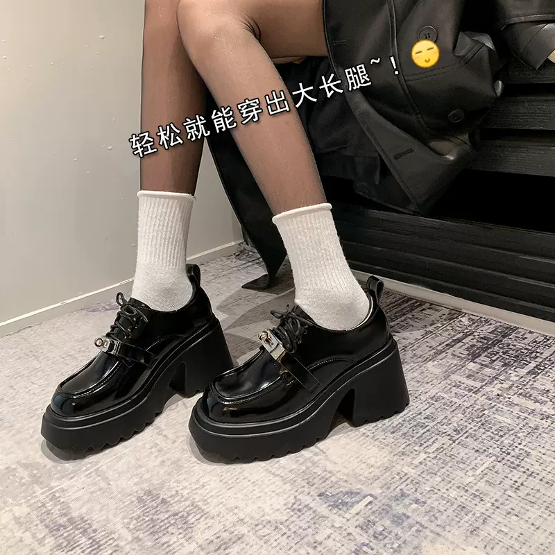 系带松糕厚底乐福鞋女2024新款春季粗跟高跟锁扣黑色jk单鞋小皮鞋