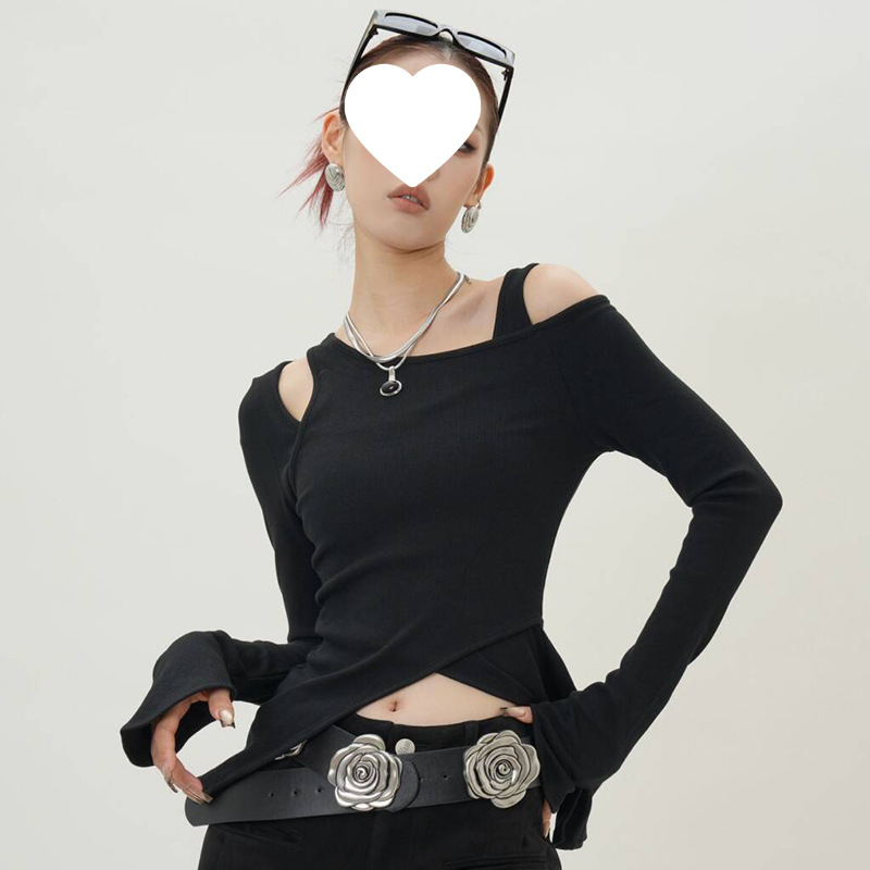 Spring and Autumn New Pure Desire Hot Girls Short Long-sleeved T-shirt Women's Slim-fit Slimming Design Chic Two-piece Top