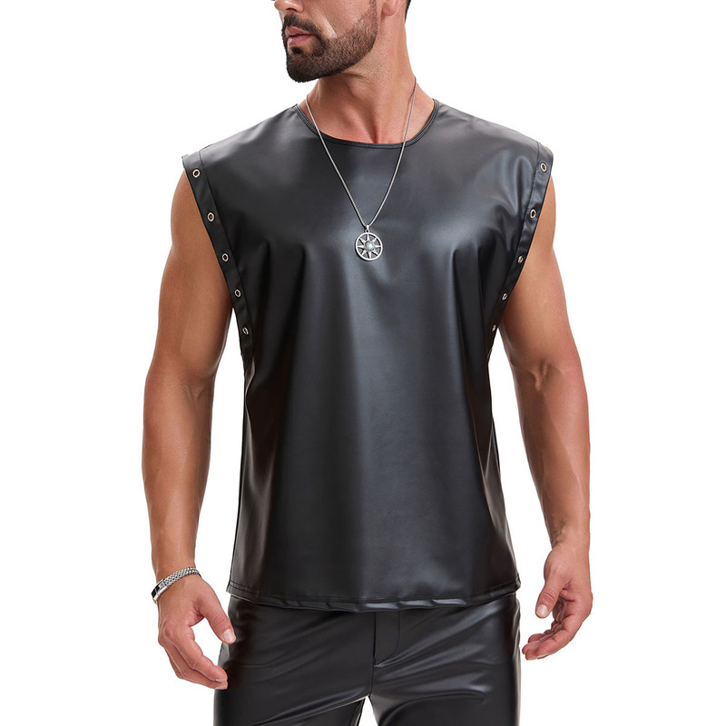 Cross-Border European and American Men's Matte Leather Vest with Metal Eyelets, Loose Punk Street Fashion Nightclub Sleeveless Top