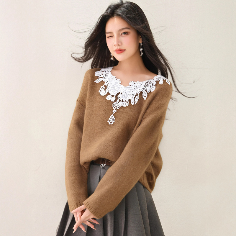 R9303轻熟绣花V领厚实保暖宽松甜美少女毛衣长袖秋冬新款气质2025|undefined
