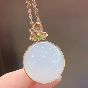 Fubei Diamond Jewelry [18K Gold Thick Gold Full Diamond Buckle Inlaid with Hetian Mutton Fat White Jade Pendant] Loose Stone about 17*17mm