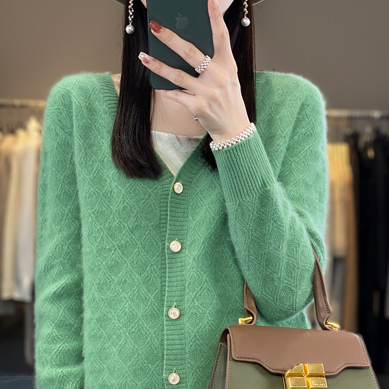 V-neck Pure Wool Cardigan Women's Jacquard Pearl Button Knitted Sweater Stylish Temperament Versatile Wool Sweater Jacket