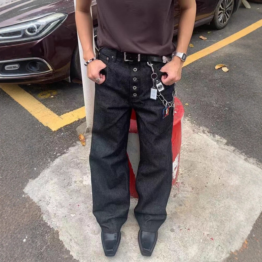 Five-Button Unbleached Raw Denim 14oz Stiff Loose Straight A-Line Black Cotton Feather Dragon Jeans Unisex