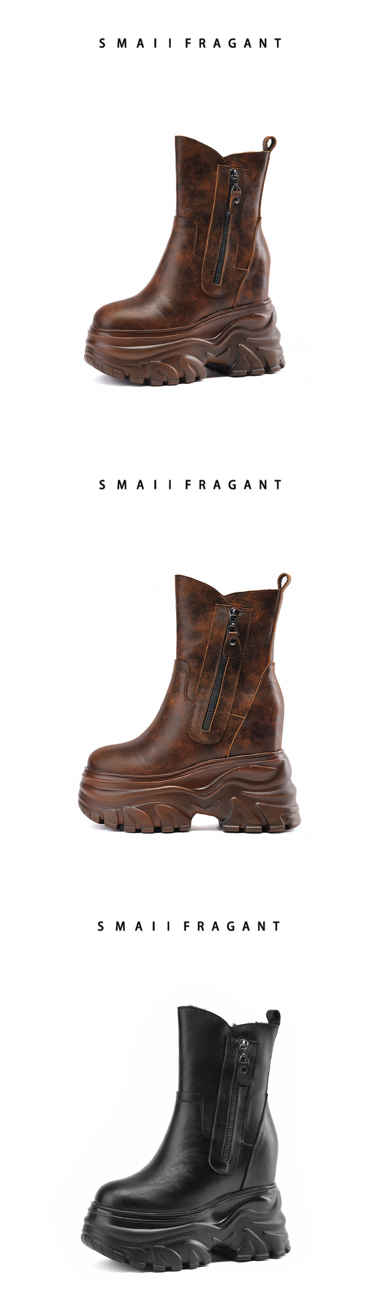 Boot nữ cổ thấp đế tăng chiều cao 14 cm phong cách cổ điển, dáng ôm chân, mũi tròn — Lót nhung đen chi tiết 8