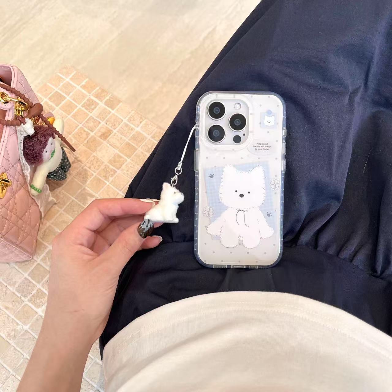 Pins coreanos a cuadros lindo West Highland para Apple 16/15ProMax funda para teléfono móvil iPhone 14 cadena 13