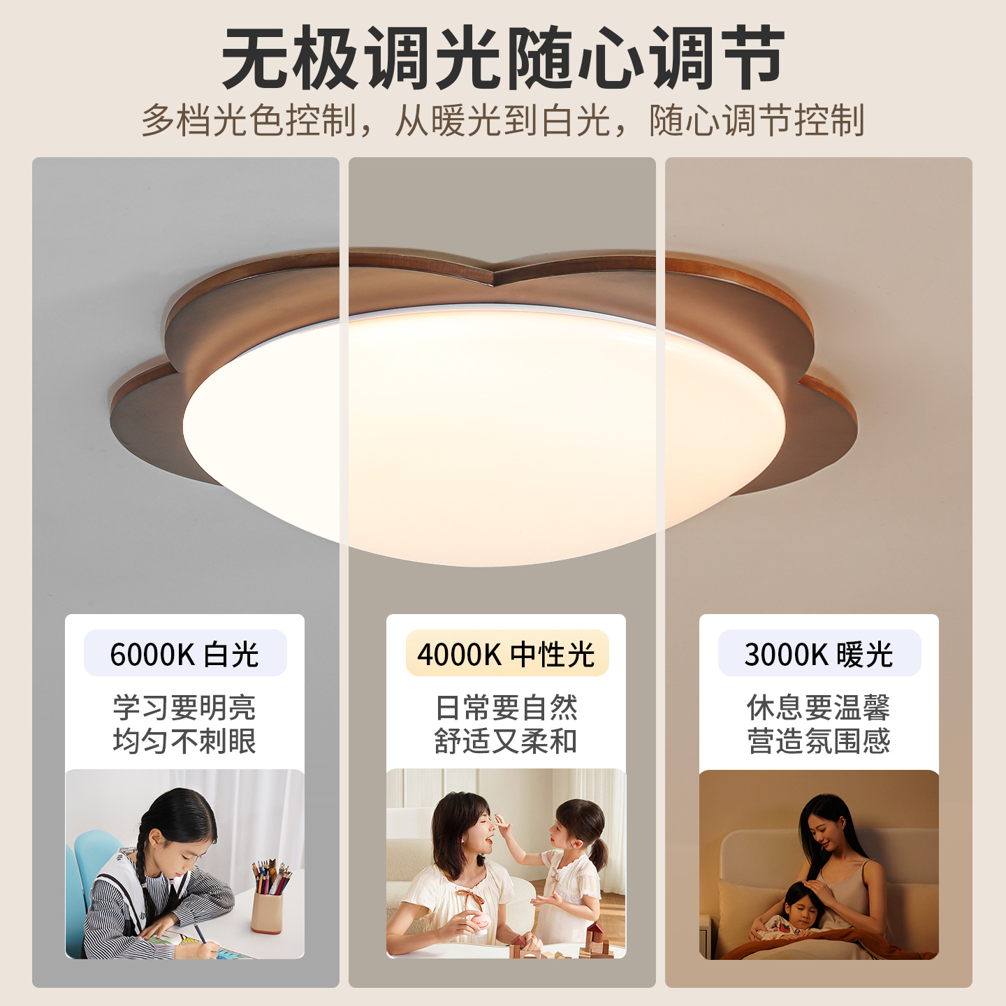 Luz de techo de dormitorio medieval nueva madera china flor creativa dormitorio principal luz de protección de ojos de espectro completo 700L